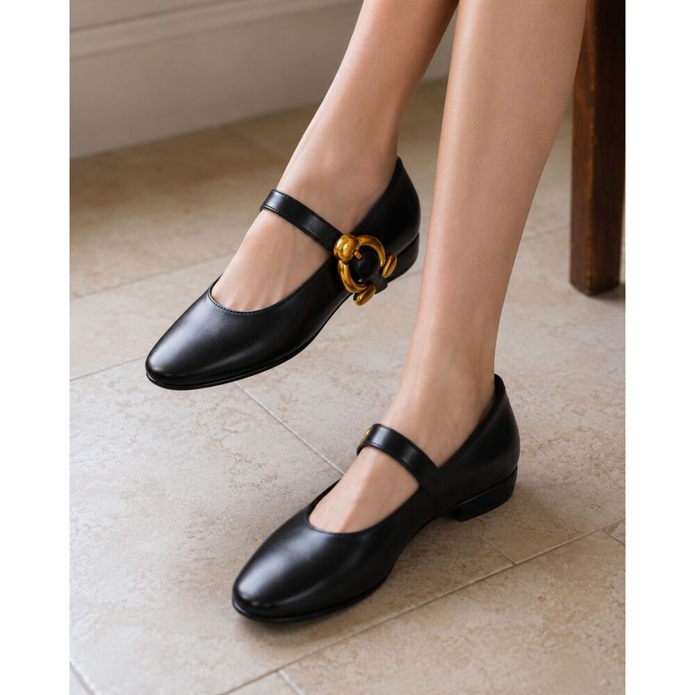 Black Mary Jane Shoes Pumps Gold Hardware Chunky Low Heel Comfort Flats 8.5 NIB
